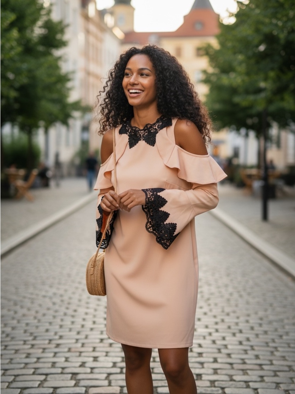 JAYGODFREY Peach Cold-Shoulder Dress with Black Lace Accents